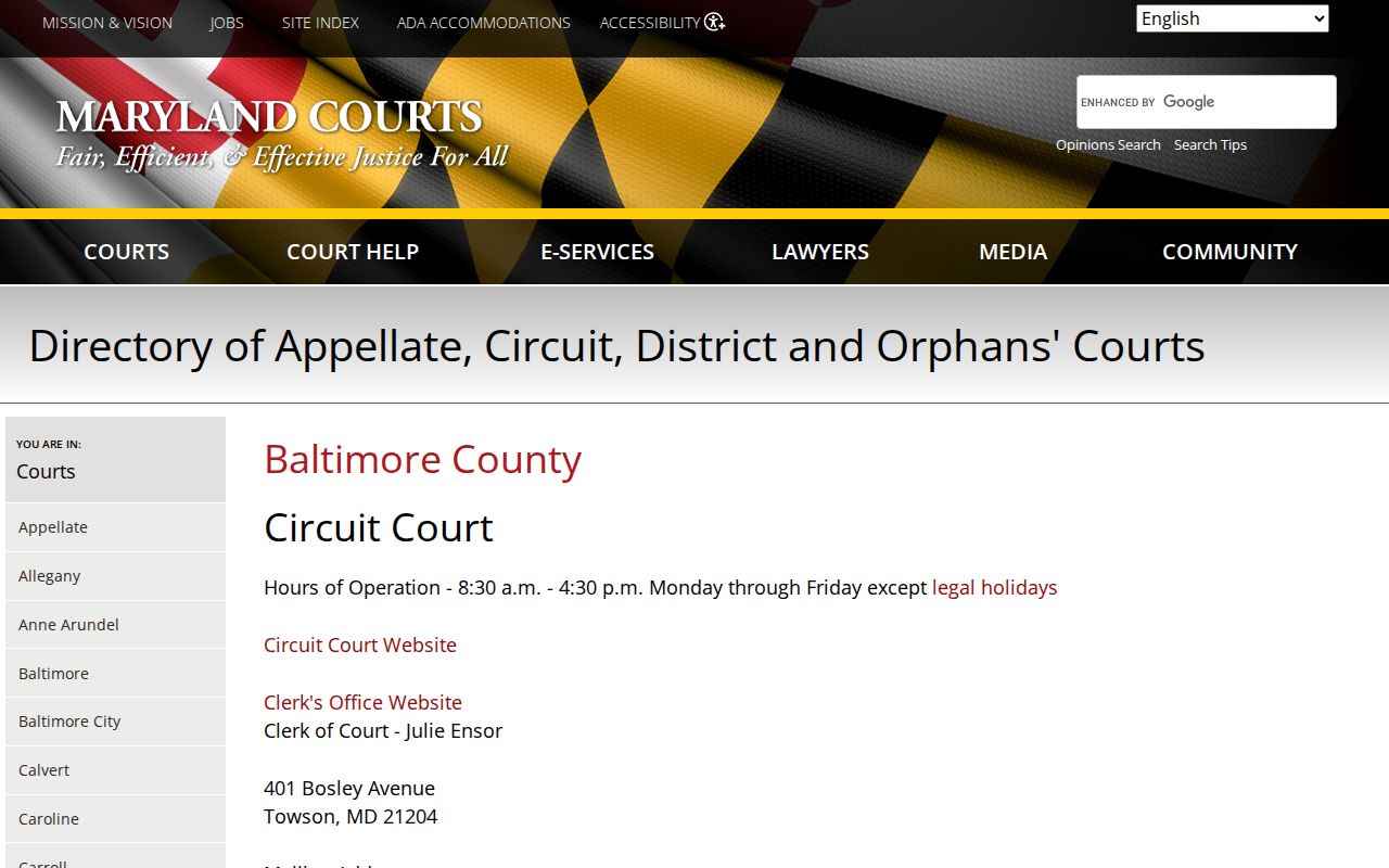 Maryland court directory showing the Baltimore County Circuit and District Court framework for warrant records