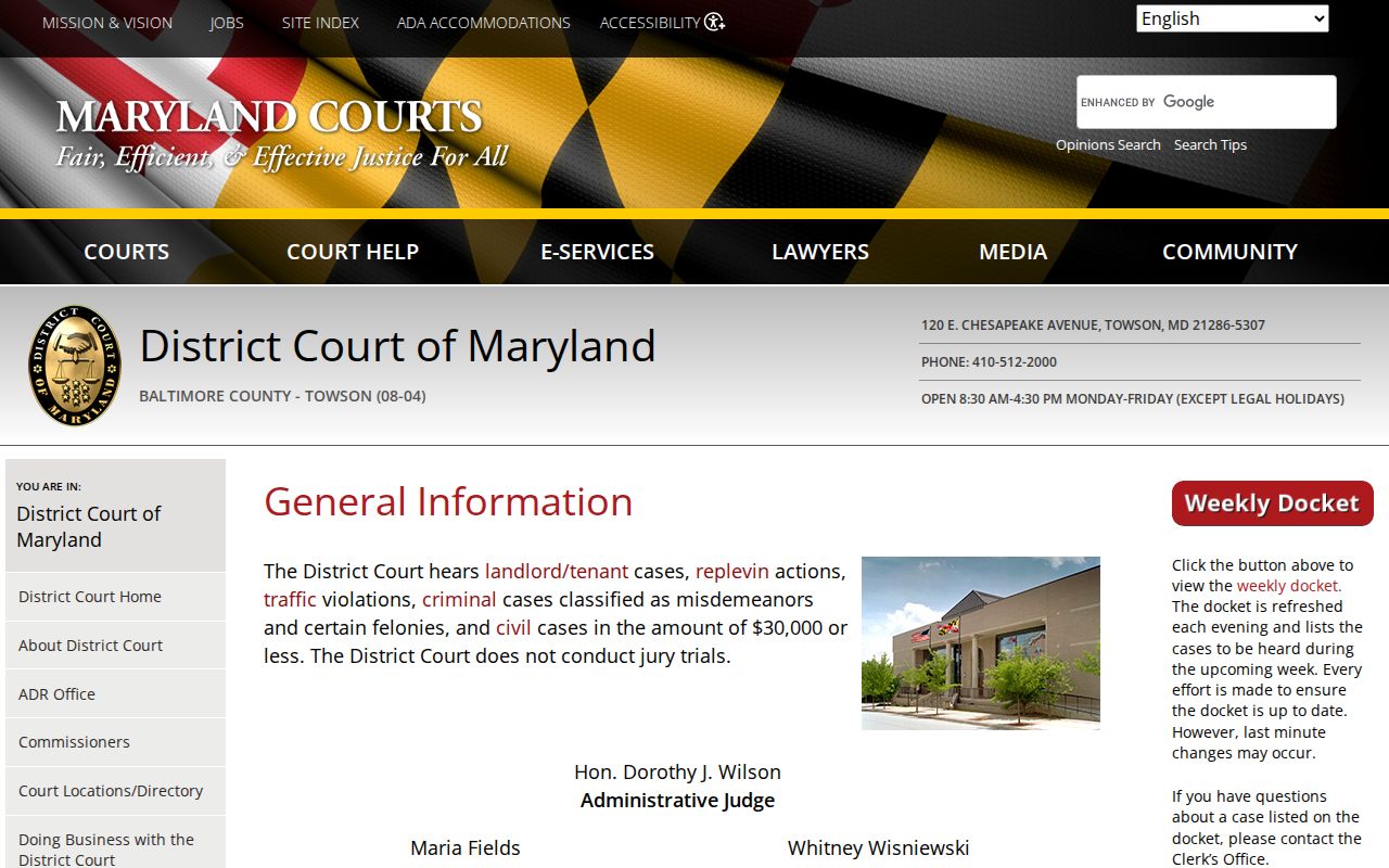 Towson District Court location and jurisdiction for Baltimore County municipal court warrant questions
