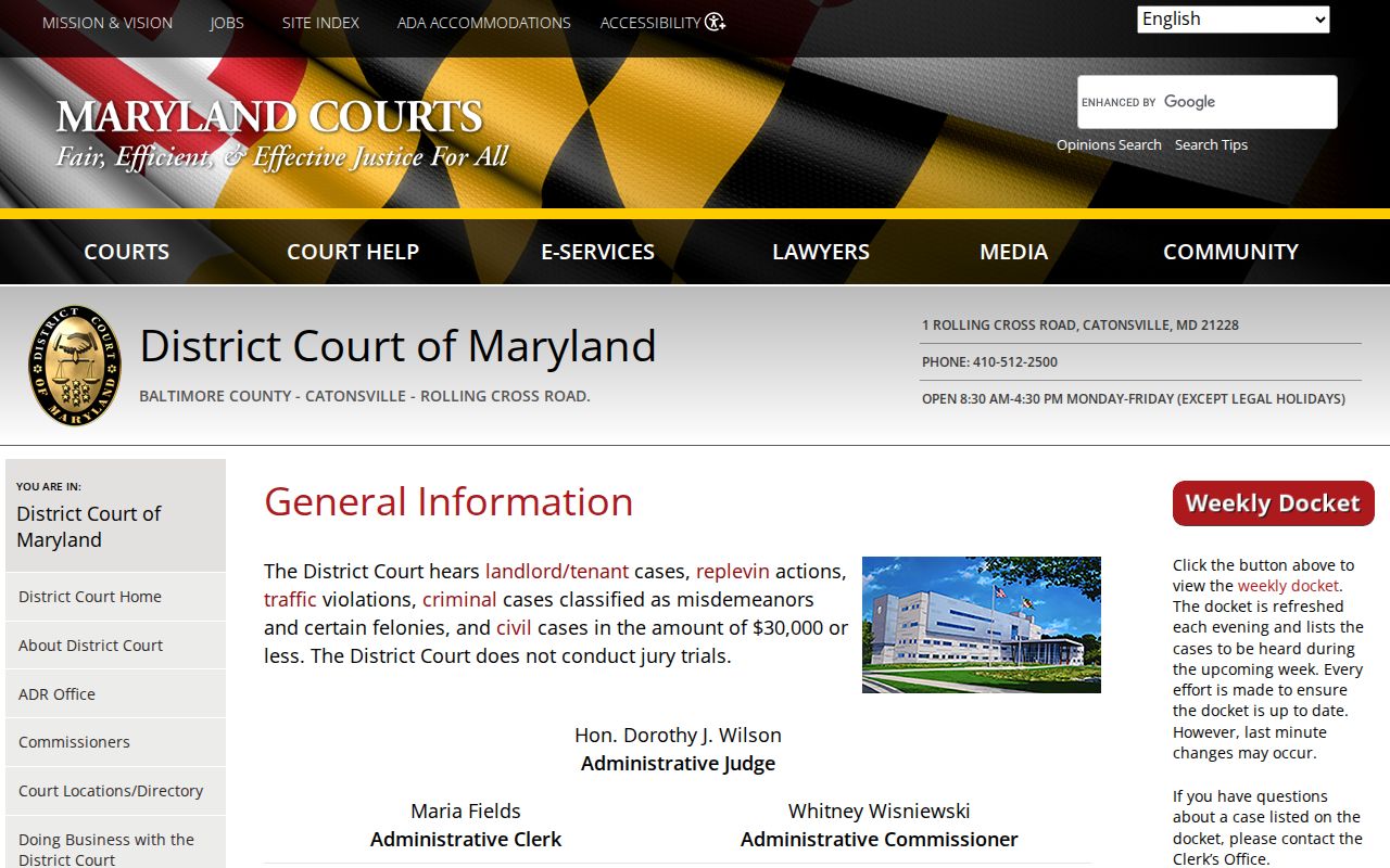 Catonsville District Court location page for Baltimore County ordinance and municipal court warrant cases