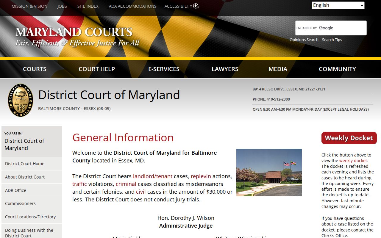 Essex District Court location page for Baltimore County traffic warrant cases