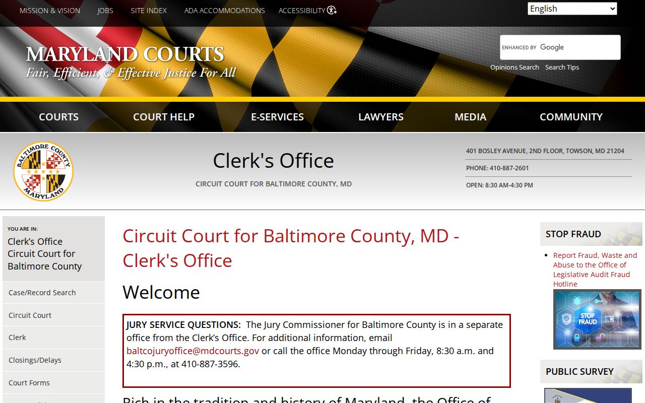 Baltimore County Circuit Court clerk role and courthouse information for bench warrant records