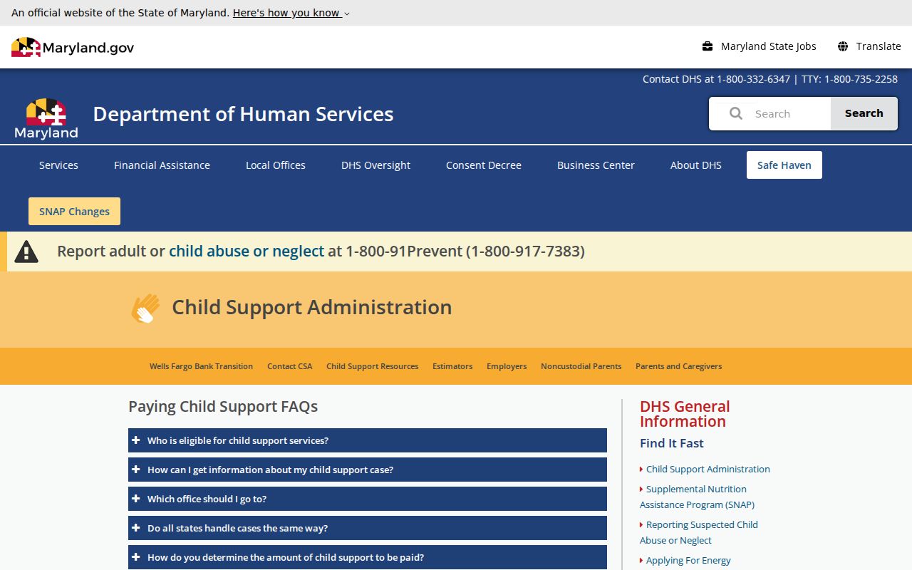 Maryland child support guidance page describing surrender options for Baltimore County support warrants