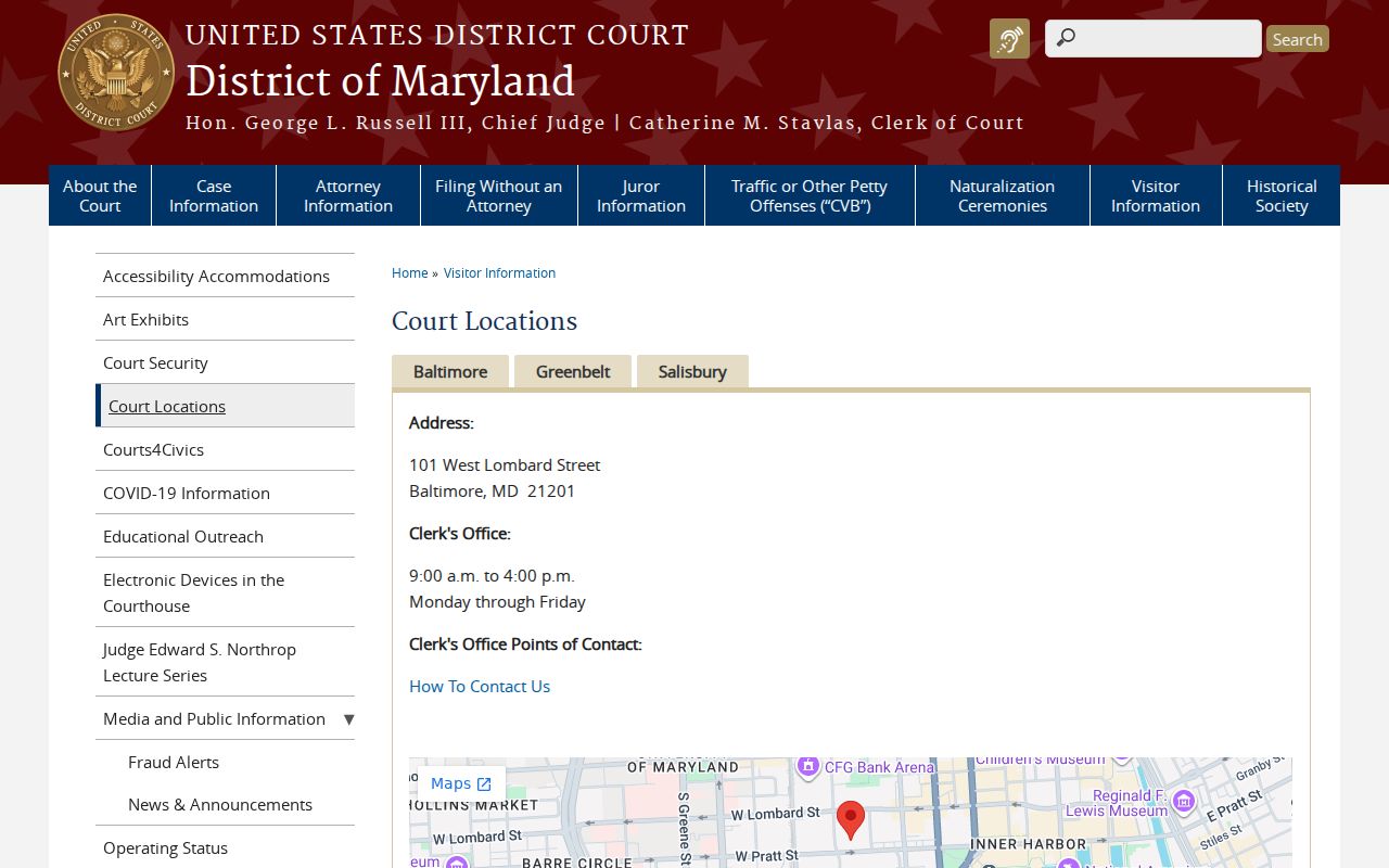 Federal courthouse locations relevant to Baltimore County federal warrant and fugitive matters