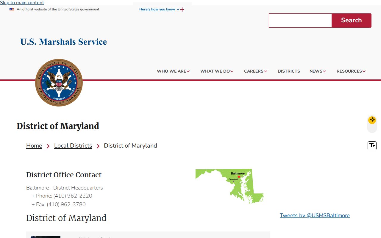 U.S. Marshals District of Maryland office that supports Baltimore County arrest warrant fugitive work