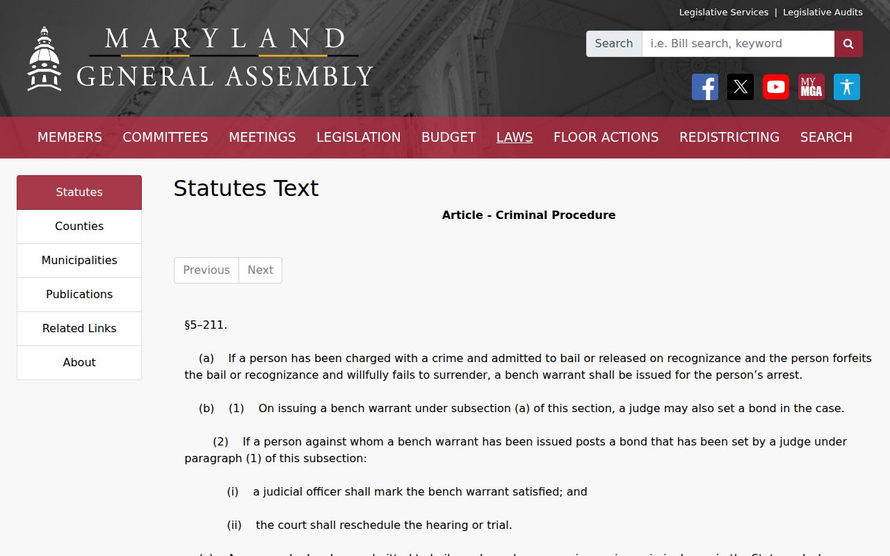 Baltimore County bench warrant statute text published by the Maryland General Assembly