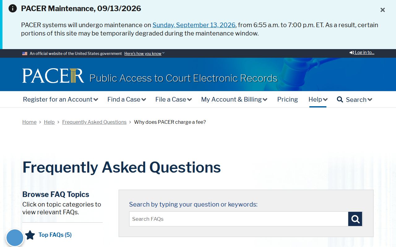PACER fee page for federal docket searches connected to Baltimore County most wanted cases