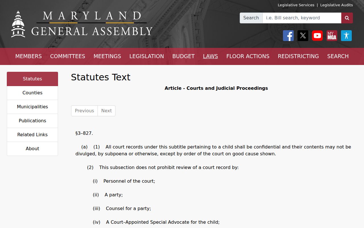 Maryland juvenile court record confidentiality statute relevant to Baltimore County bench warrants