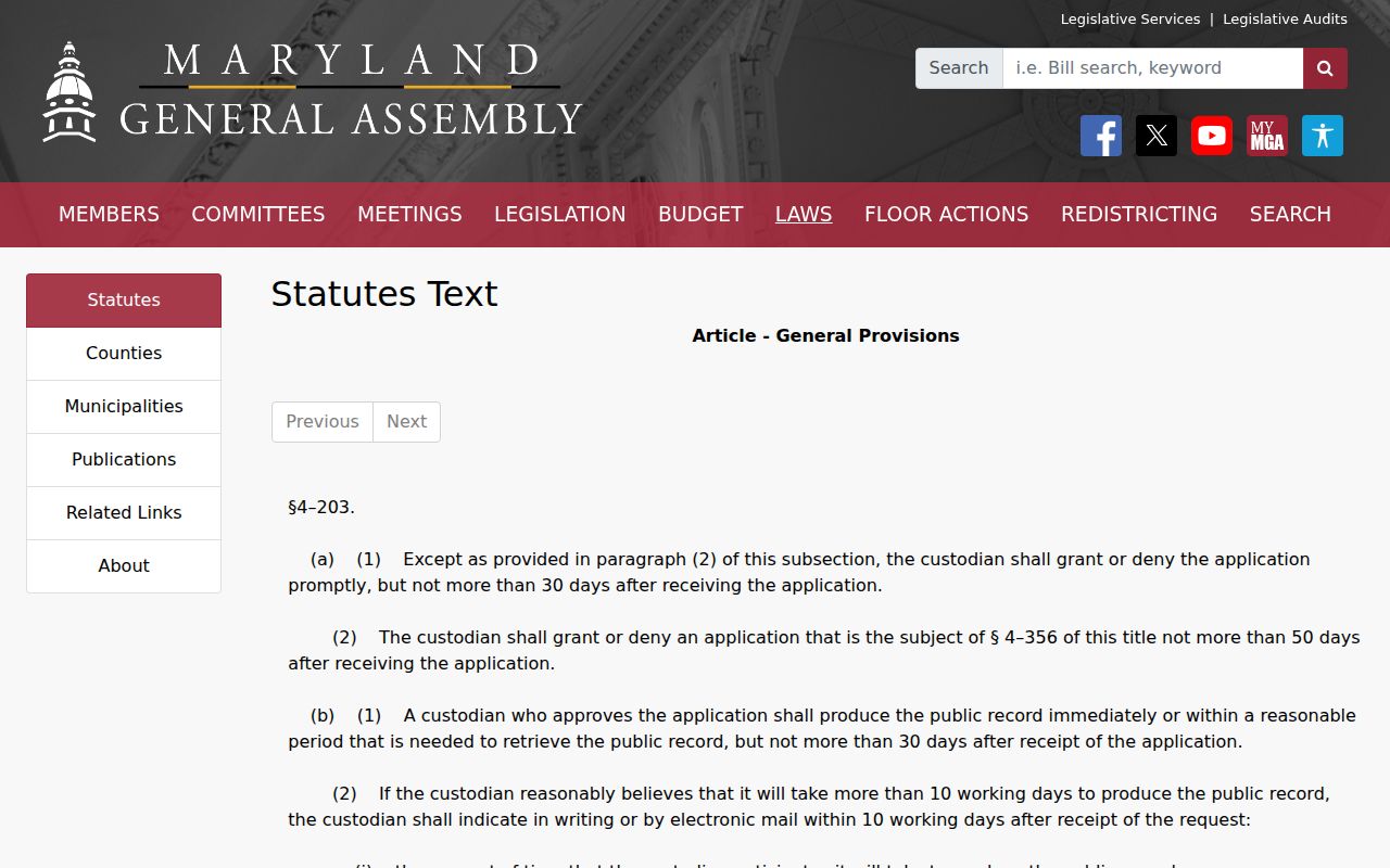 Maryland public information act timing rule that applies to Baltimore County warrant record requests